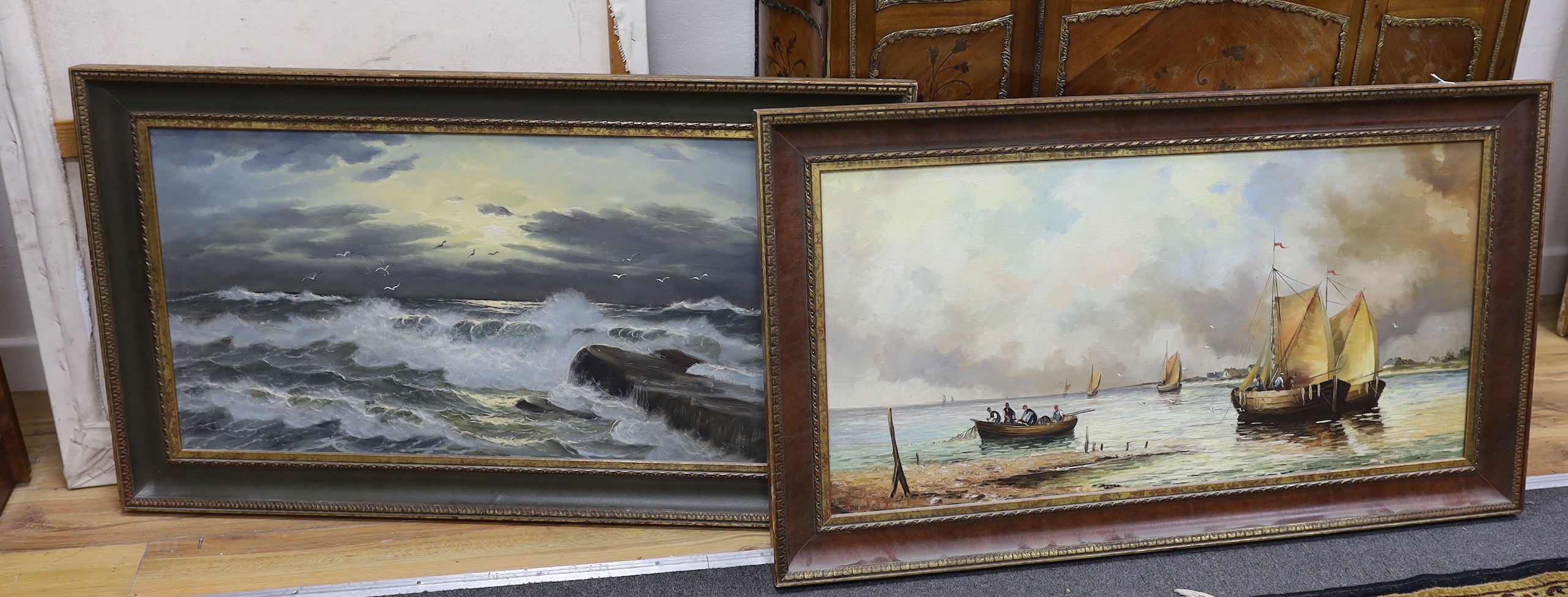 Two oils on canvas, Rocky coastal scene and boats on an estuary, each indistinctly signed, 48 x 98cm